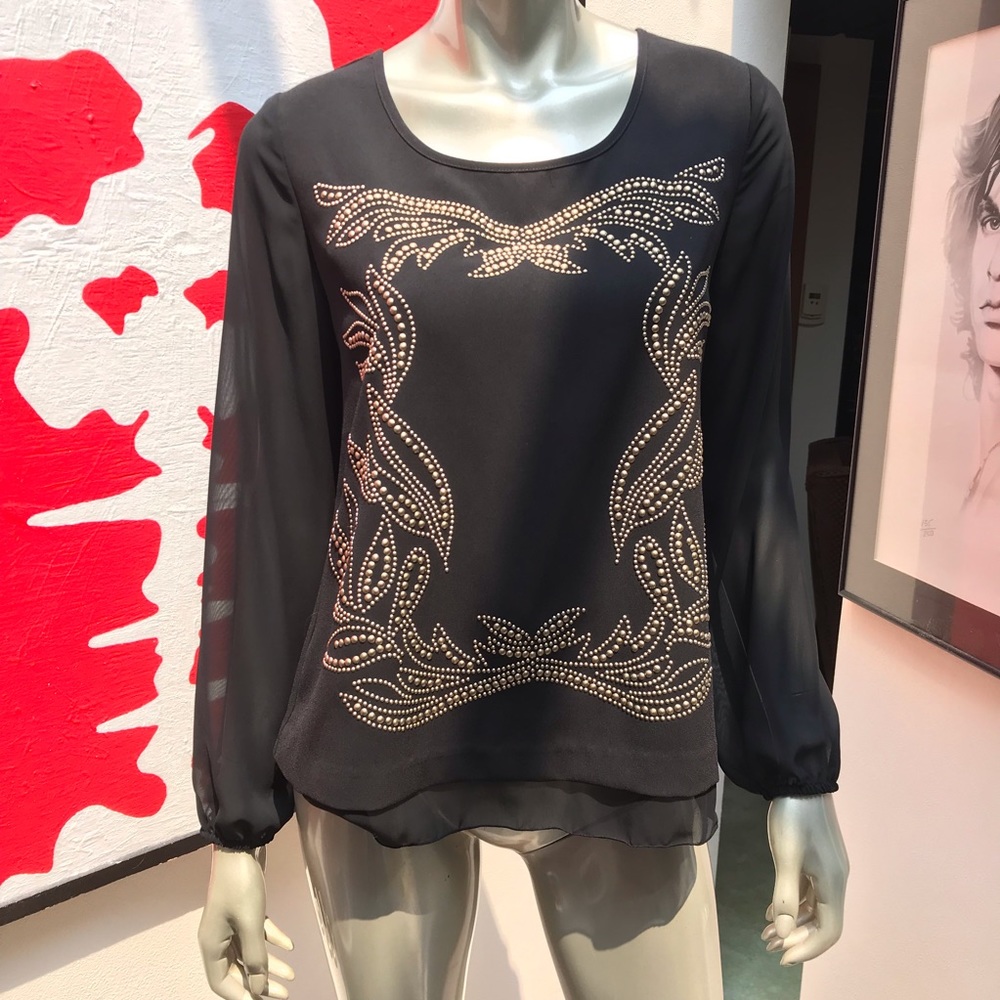 ALFANI black sheer puff sleeve gold stud blouse 4